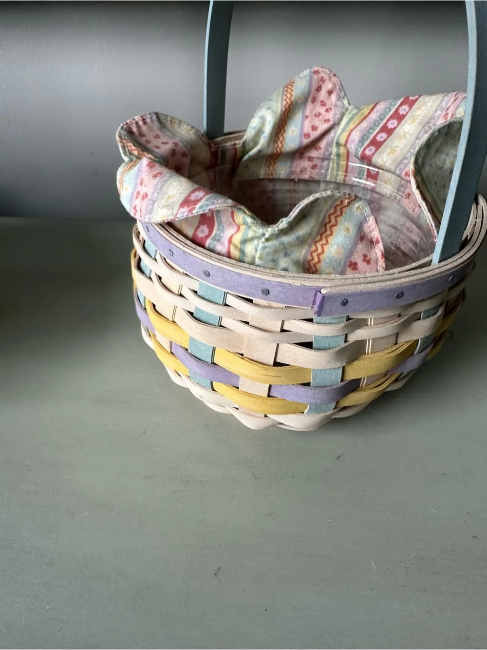Longaberger white wash colorful pastel Easter basket with liner protector